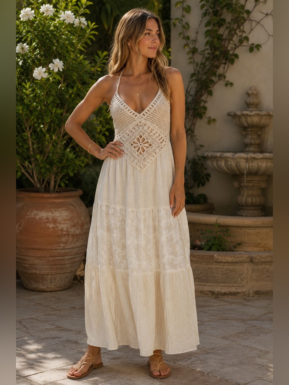 Kirious Los Angeles Crochet Halter Boho Tiered Maxi Dress Cream M NWT